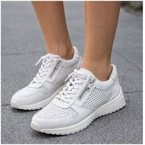 Vitaform, Women's White Perforated Lace-Up Sneakers with Side Zip